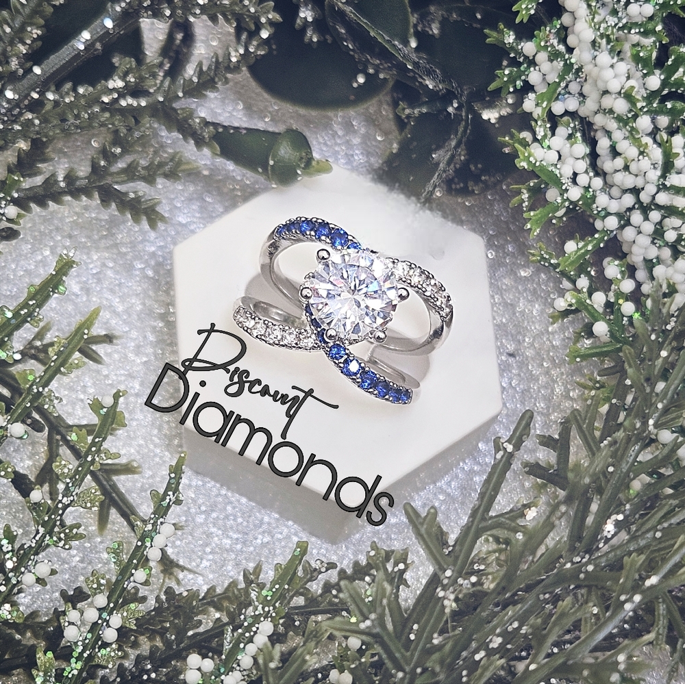 White and Blue Sapphire Cocktail Ring on 925 Sterling Silver